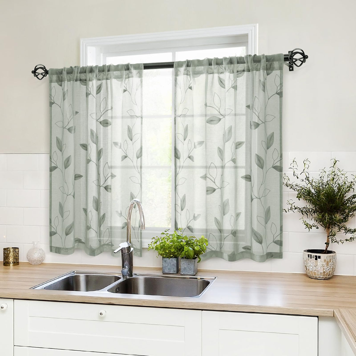 HOMEIDEAS Sage Green Sheer Curtains Leaf Embroidered, 52x84 Inch, 2 Panels