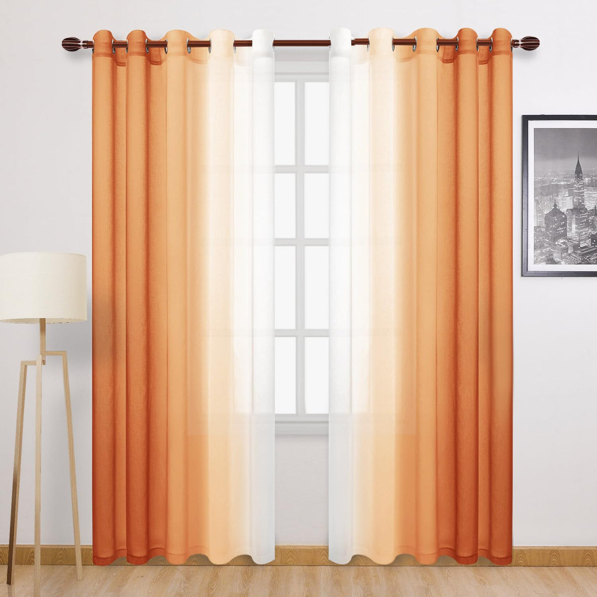 DWCN Blue Linen Ombre Sheer Curtains - Semi Voile Gradient Grommet Top Curtains for Bedroom and Living Room, Set of 2 Window Curtain Panels, 52 x 84 Inches Long, Denim Blue