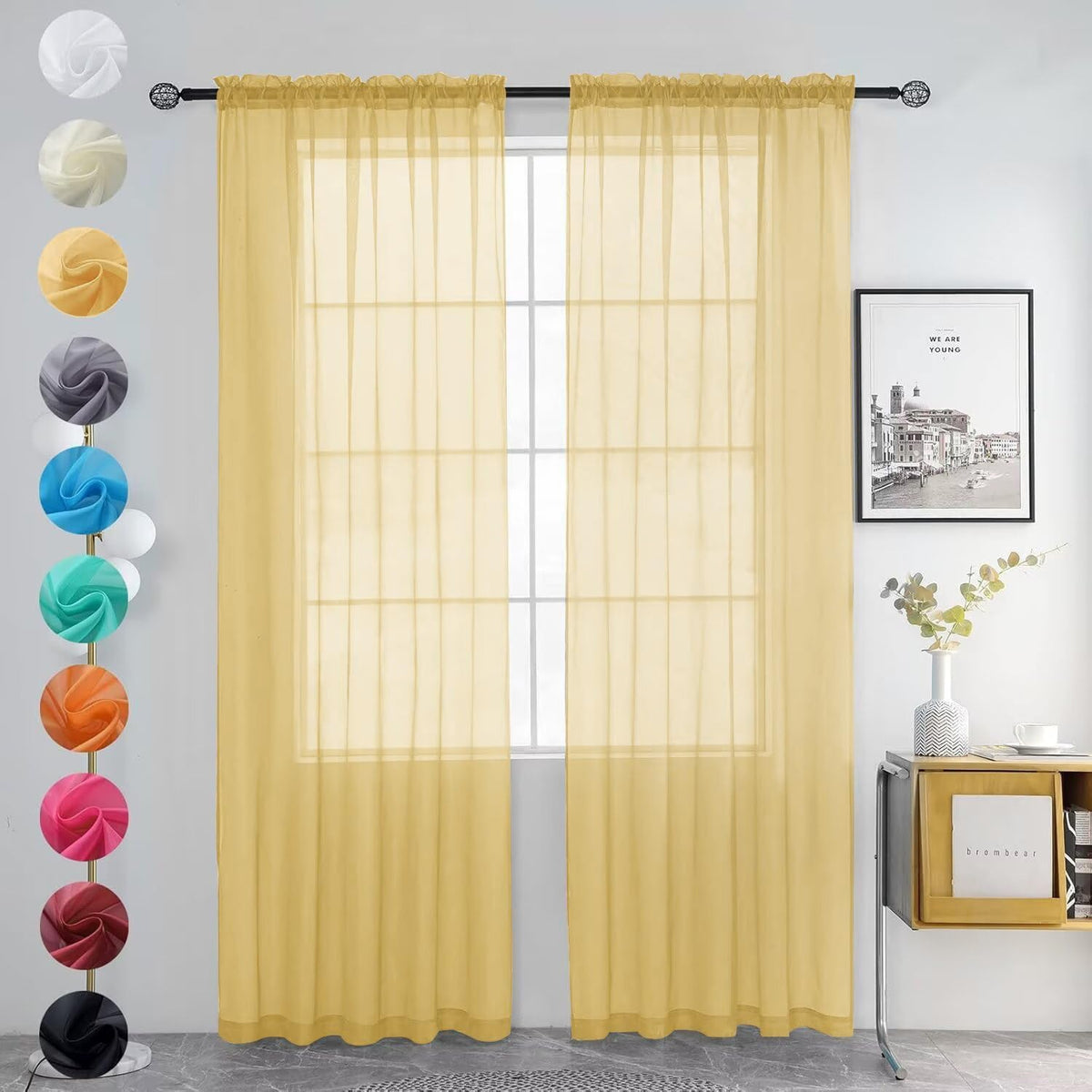 youleyar Solid Sheer Rod Pocket Curtain Voile Draperies 2 Panels White Beige Black Grey Coffee 52 Inch Width 84 Inch Long 1 Pair for Kitchen Bedroom Children Living Room Yard (Orange,52Wｘ84L)
