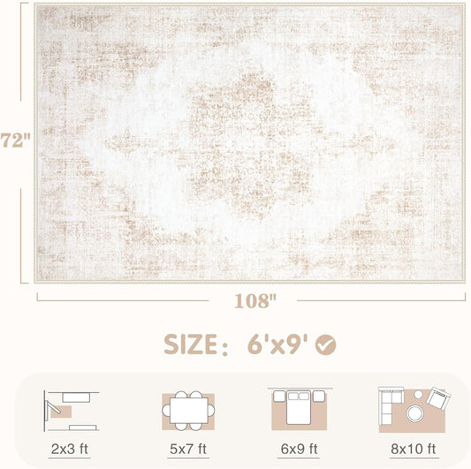 Area Rug 6x9 Vintage Rug: Washable Living Room Rugs Retro Medallion Distressed Large Rugs Soft Low Pile Non-Slip Indoor Floor Carpet for Bedroom Kitchen Nursery Dining Table Office (Beige, 6'x9')