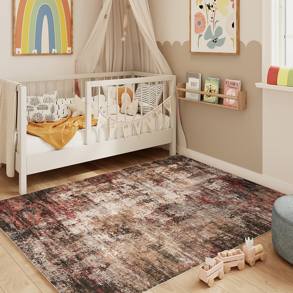 8x10 Pink Gray Washable Area Rug for Living Room, Vintage Print