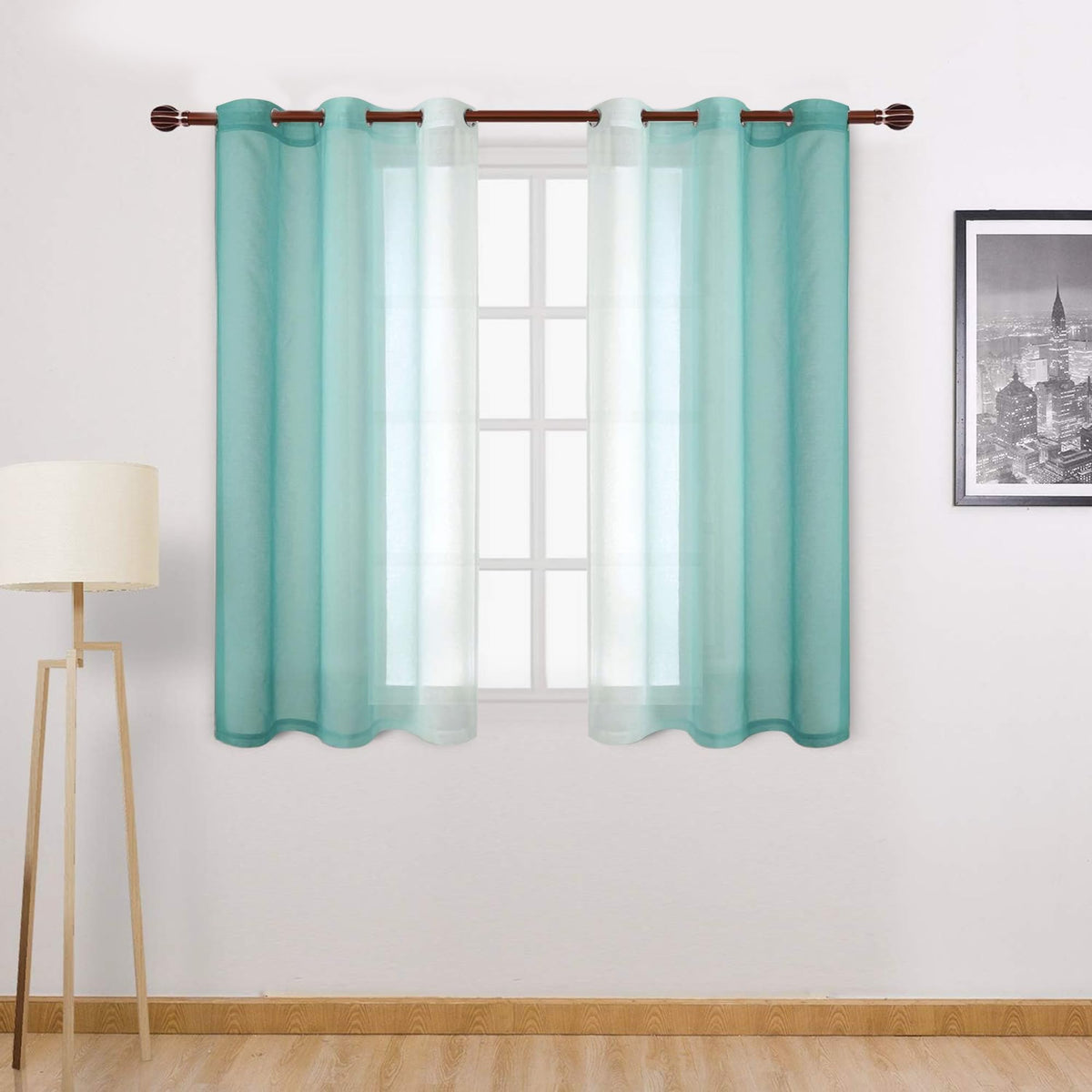 DWCN Blue Linen Ombre Sheer Curtains - Semi Voile Gradient Grommet Top Curtains for Bedroom and Living Room, Set of 2 Window Curtain Panels, 52 x 84 Inches Long, Denim Blue