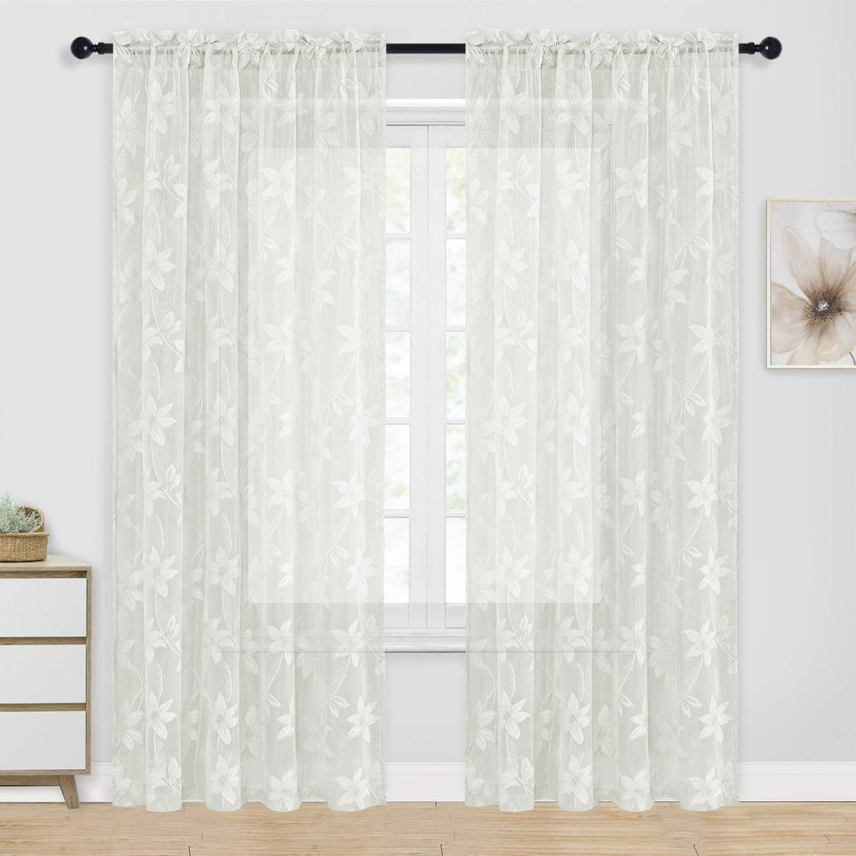 DWCN White Sheer Curtains - Short Curtains Floral Lace Design Rod Pocket Window Voile Sheer Drapes for Bedroom Kitchen Small Window 42 x 54 inch Length, 2 Panels White