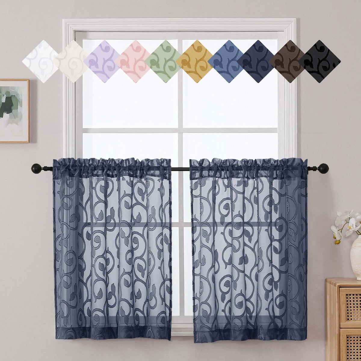 Dusty Blue Sheer Curtains for Bedroom Living Room 72 Inches Long 2 Panels Set, Soft Airy Geometric Jacquard Clip Curtains Drapes, Modern Rod Pocket Door Curtain, 2Pcs Each 42" Wx72 L Inch