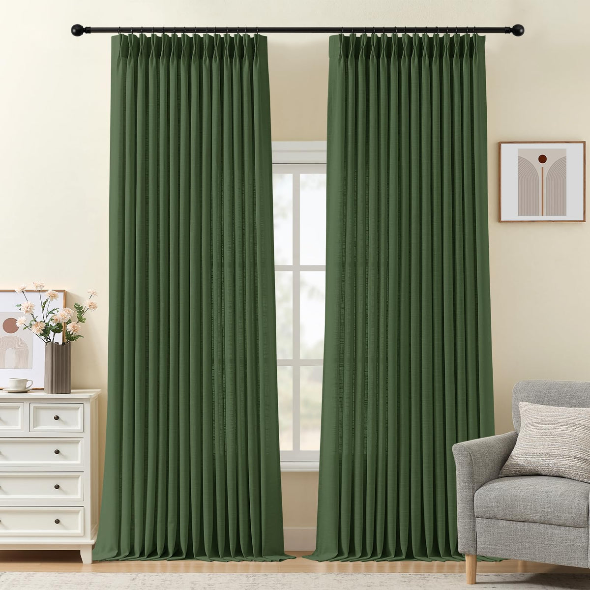 Pinch Pleated Linen Curtains 96 Inches Semi Sheer Light Filtering, 2 Panels