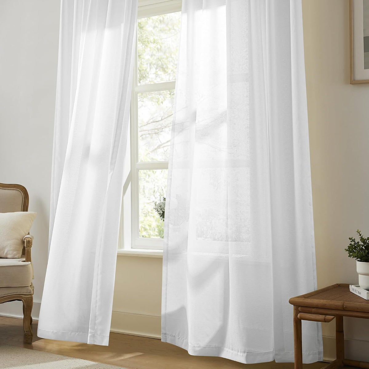 KangBang White Pinch Pleated Sheer Curtains 84 Inches Long 2 Panels