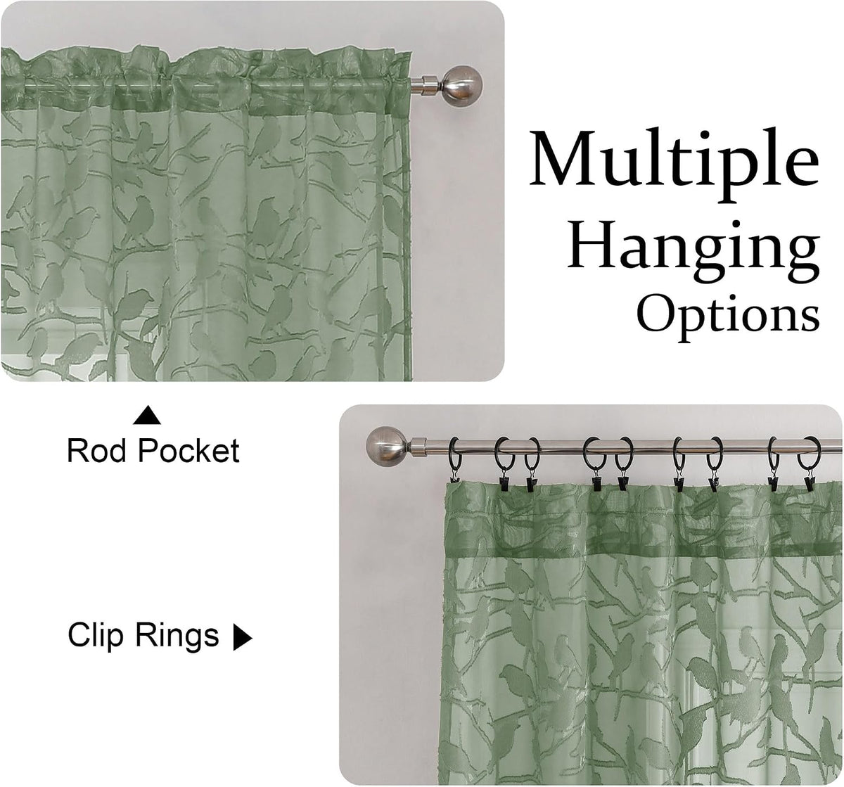 OVZME Sage Green Sheer Curtains 63 Inch Length 2 Panel Set, Light Filtering Bedroom Curtains with Dual Rod Pocket Top, Leaf Bird Clip Jacquard Sheer Farmhouse Window Drapes for Living Room, 2x38Wx63L