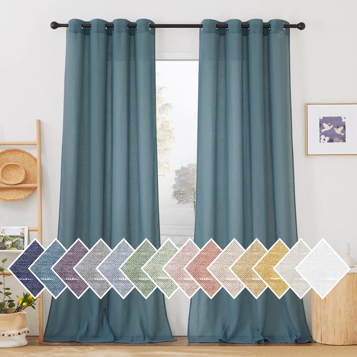 NICETOWN White Sheer Linen Curtains 84 Inch Length 2 Panels Set, W52xL84