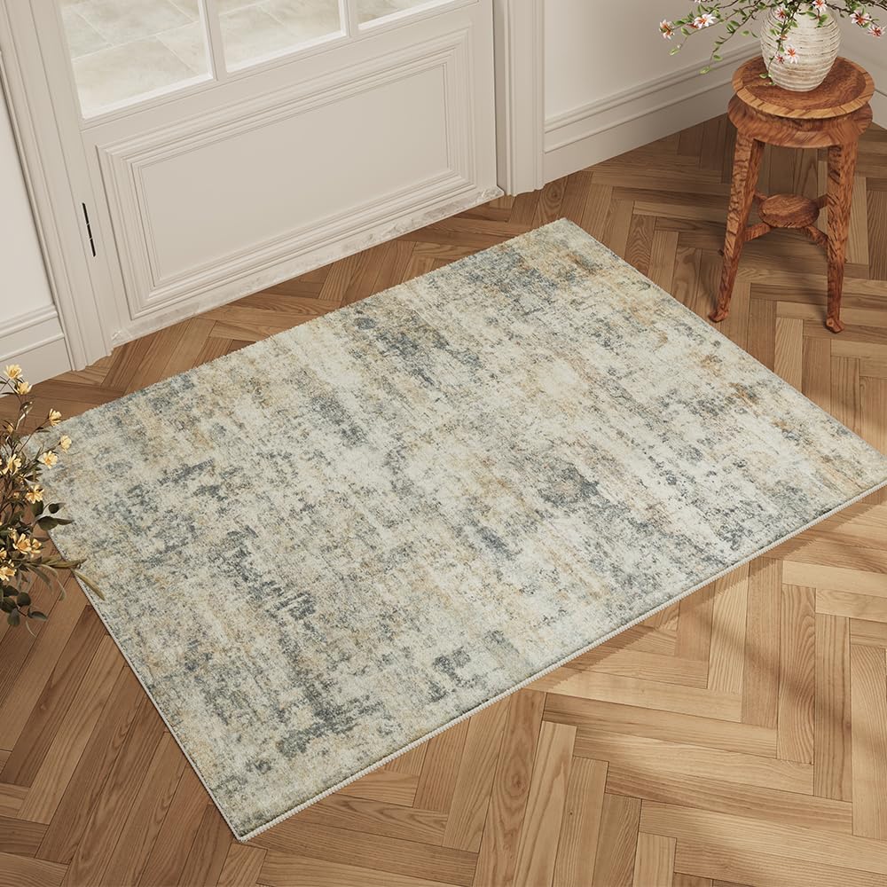 8x10 Pink Gray Washable Area Rug for Living Room, Vintage Print