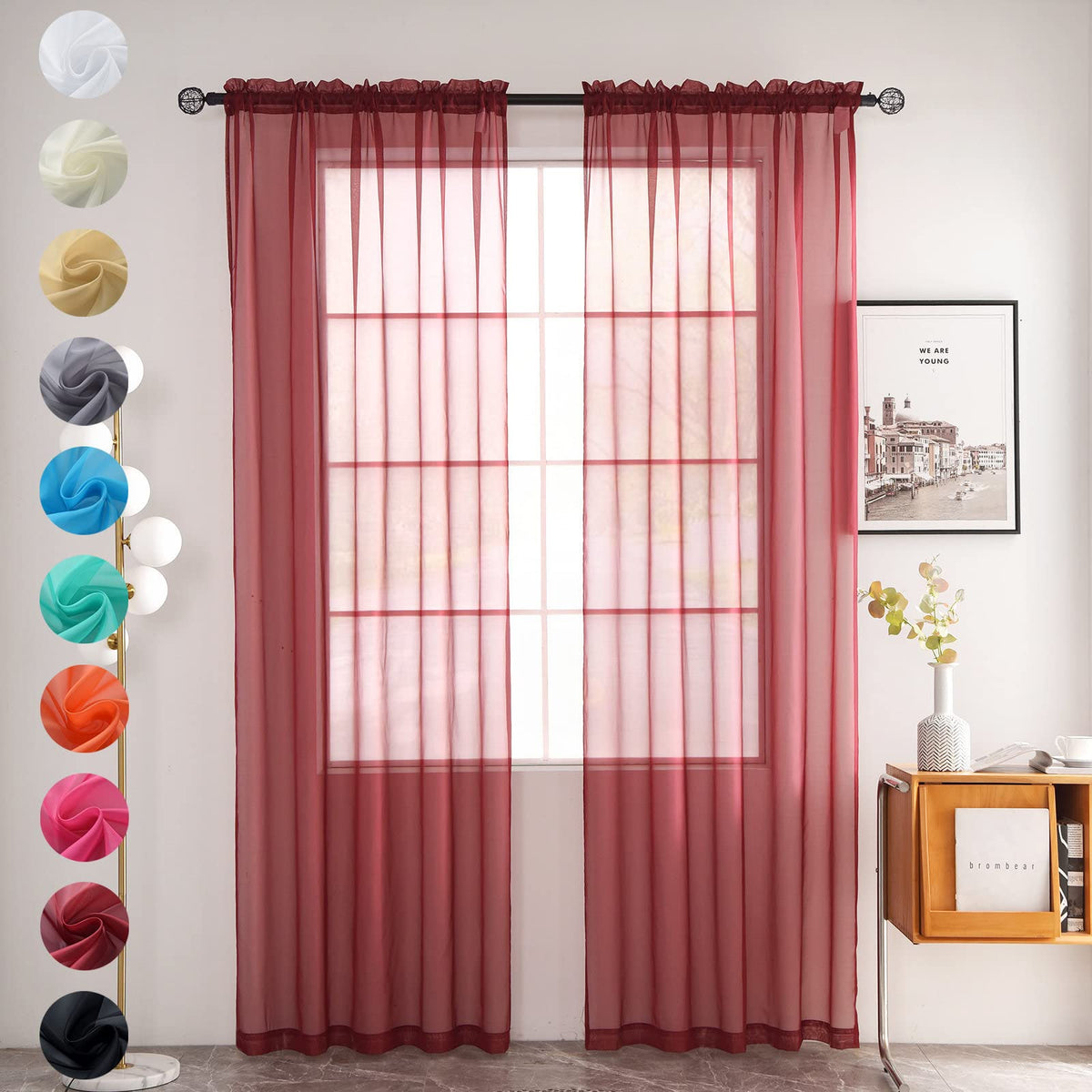 youleyar Solid Sheer Rod Pocket Curtain Voile Draperies 2 Panels White Beige Black Grey Coffee 52 Inch Width 84 Inch Long 1 Pair for Kitchen Bedroom Children Living Room Yard (Orange,52Wｘ84L)