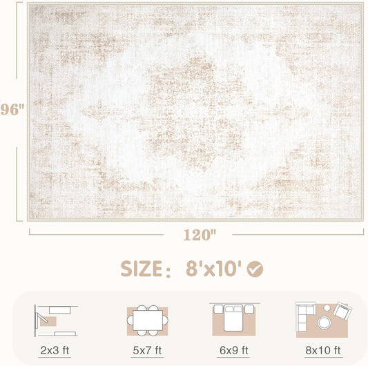 Area Rugs 8x10 Vintage Rug: Large Washable Living Room Rug Retro Medallion Distressed Rugs Soft Low Pile Non-Slip Indoor Floor Carpet for Bedroom Kitchen Nursery Dining Table Office (Beige, 8'x10')