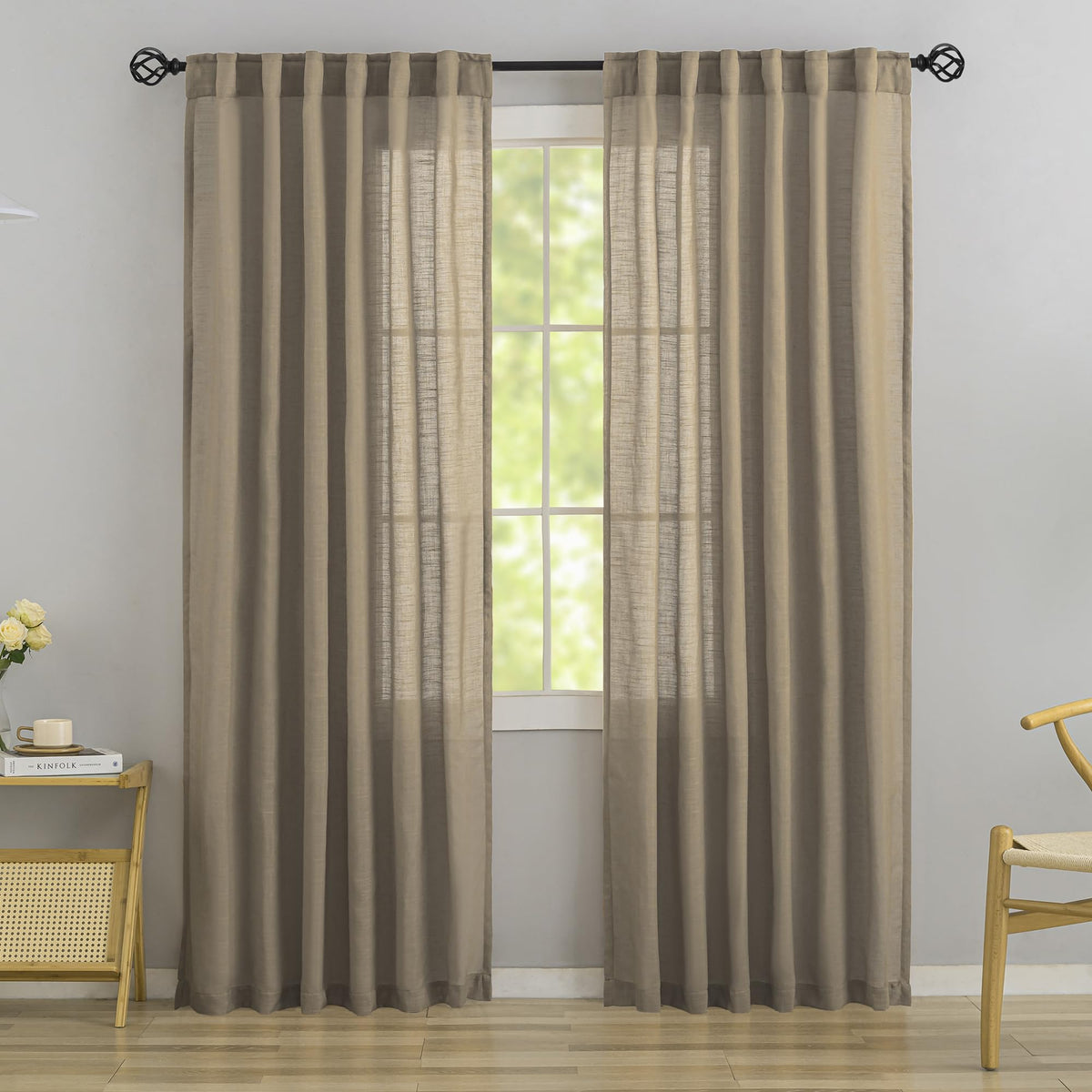 Natural Linen 144 Inch Length Curtains for Tall Floor Ceiling Villa Living Room -Cream Ivory Bak Tab Hooks Pleated Easy Open Sliding Semi Sheer 144 inch Extra Long 2 Story Window Curtains,12 Foot
