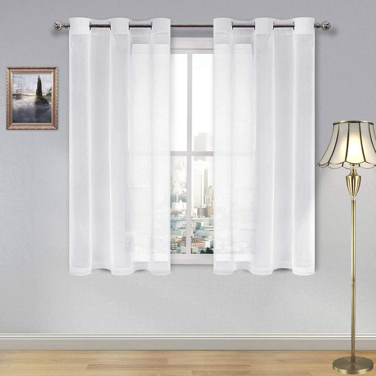 DWCN White Sheer Curtains Linen Look Semi Transparent Voile Grommet White Curtains for Living Dining Room Drapes 52 x 84 Inch Long, Set of 2 Panels