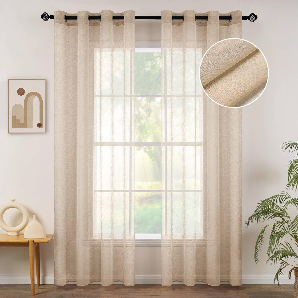 MIULEE Ivory Sheer Curtains Linen Textured Panels 54X84 Inches