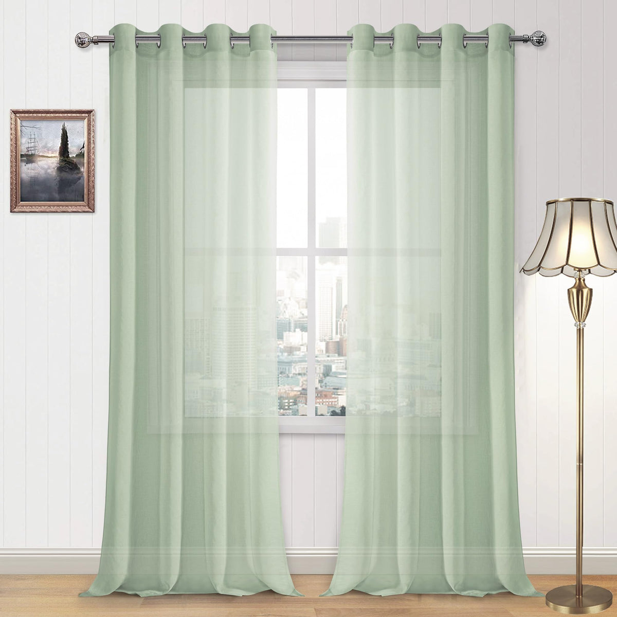 DWCN White Sheer Curtains Linen Look Semi Transparent Voile Grommet White Curtains for Living Dining Room Drapes 52 x 84 Inch Long, Set of 2 Panels