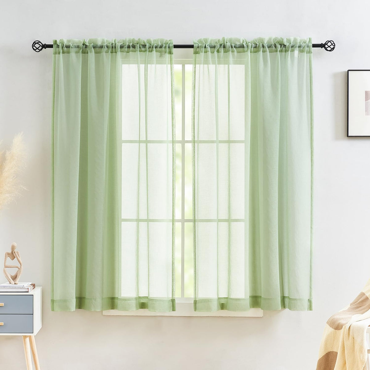 MYSTIC-HOME Sheer Curtains White 63 Inch Length, Rod Pocket Voile Drapes for Living Room, Bedroom, Window Treatments Semi Crinkle Curtain Panels for Yard, Patio, Villa, Parlor, Set of 2, 52"x 63"
