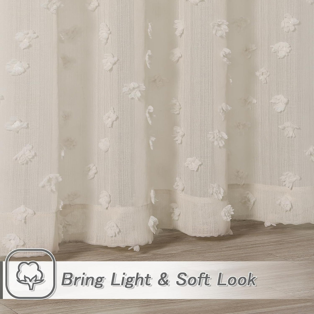 MYSKY HOME Beige Boho Sheer Curtains with Cream Pom Pom 50Wx84L,2 Panels
