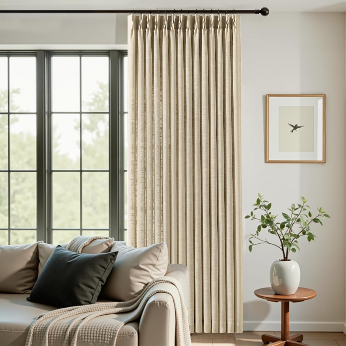Pinch Pleated Linen Curtains 96 Inches Semi Sheer Light Filtering, 2 Panels