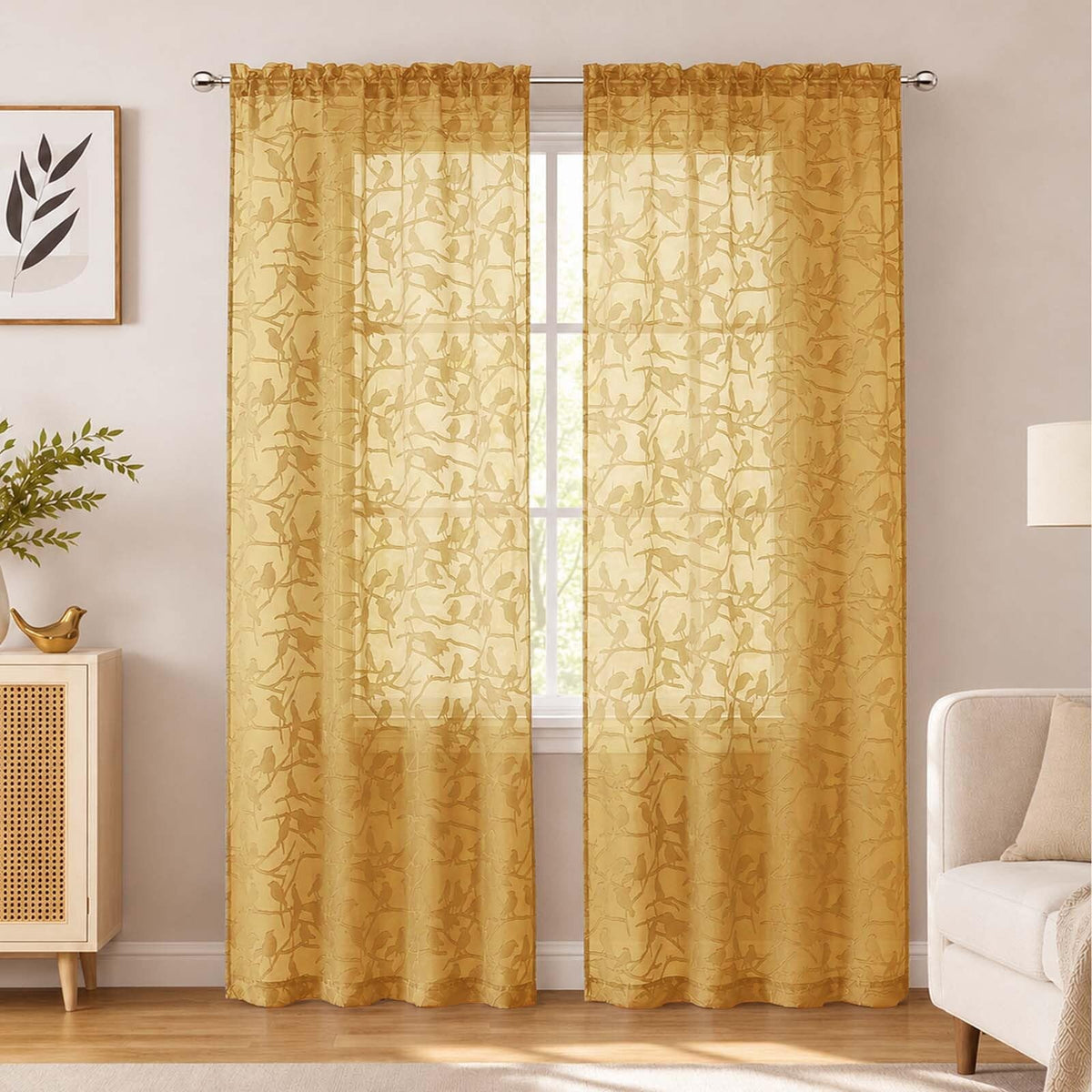 OVZME Sage Green Sheer Curtains 63 Inch Length 2 Panel Set, Light Filtering Bedroom Curtains with Dual Rod Pocket Top, Leaf Bird Clip Jacquard Sheer Farmhouse Window Drapes for Living Room, 2x38Wx63L
