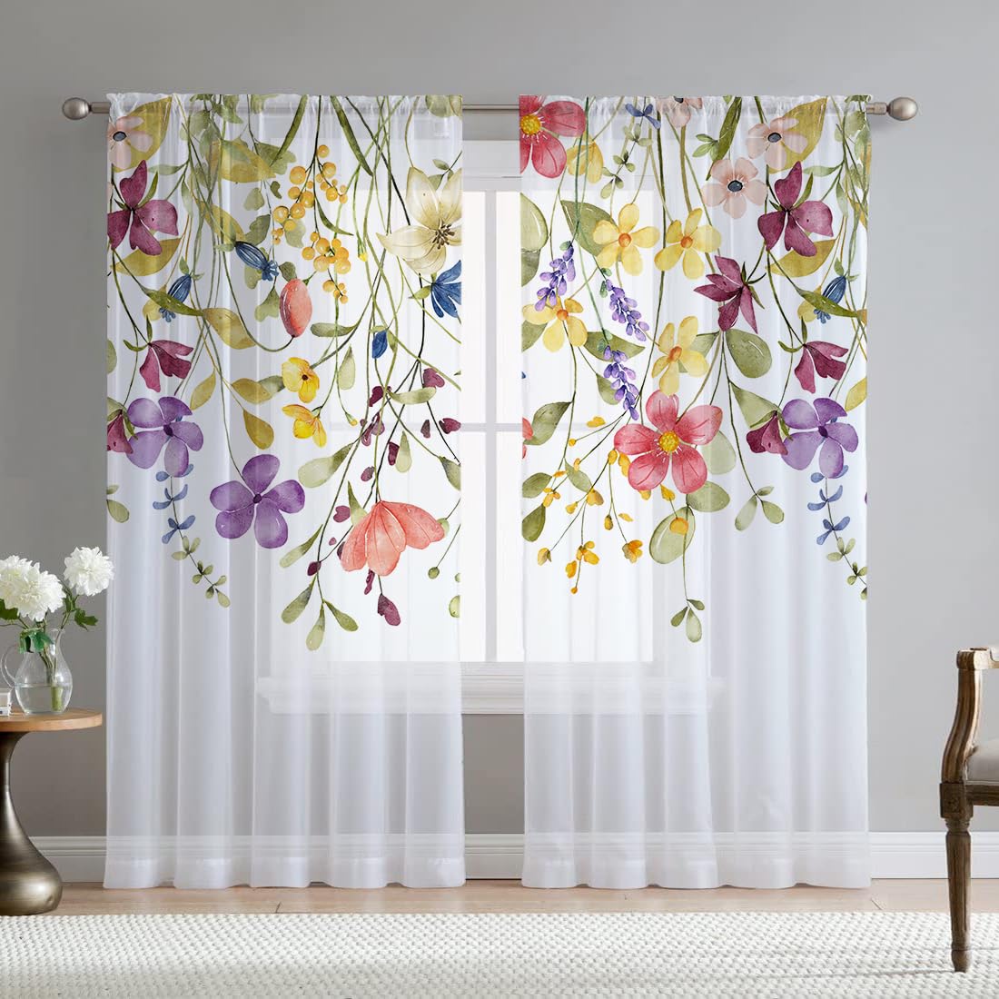 Green Eucalyptus Leaves Sheer Curtains for Living Room 84 inch Length 2 Panels Set Elegant Wild Flower Floral Spring Printed Window Curtain Natural Chiffon Drapes for Bedroom