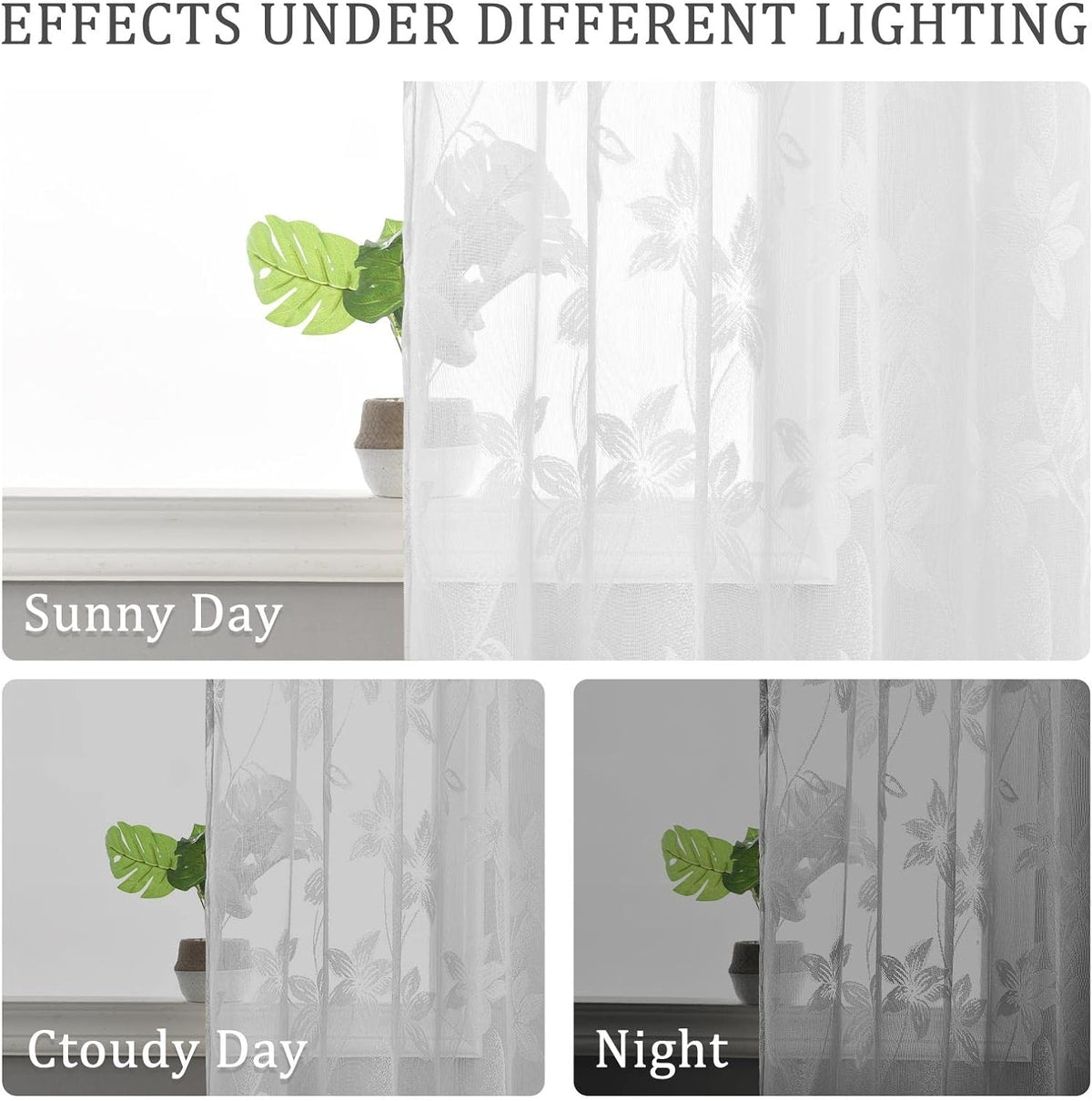 DWCN White Sheer Curtains - Short Curtains Floral Lace Design Rod Pocket Window Voile Sheer Drapes for Bedroom Kitchen Small Window 42 x 54 inch Length, 2 Panels White