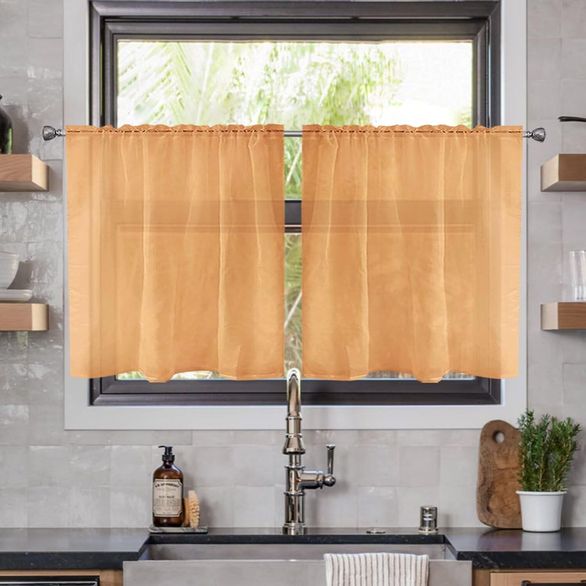 youleyar Solid Sheer Rod Pocket Curtain Voile Draperies 2 Panels White Beige Black Grey Coffee 52 Inch Width 84 Inch Long 1 Pair for Kitchen Bedroom Children Living Room Yard (Orange,52Wｘ84L)