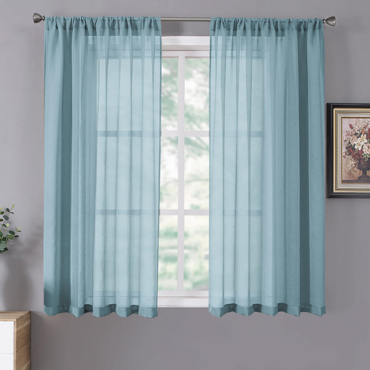 Tollpiz Sheer Curtains Linen Textured Bedroom Curtain Sheers Light Filtering Rod Pocket Voile Curtains for Living Room, 54 x 63 inches Long, White, Set of 2 Panels