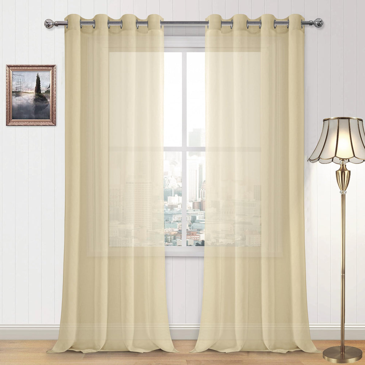 DWCN White Sheer Curtains Linen Look Semi Transparent Voile Grommet White Curtains for Living Dining Room Drapes 52 x 84 Inch Long, Set of 2 Panels