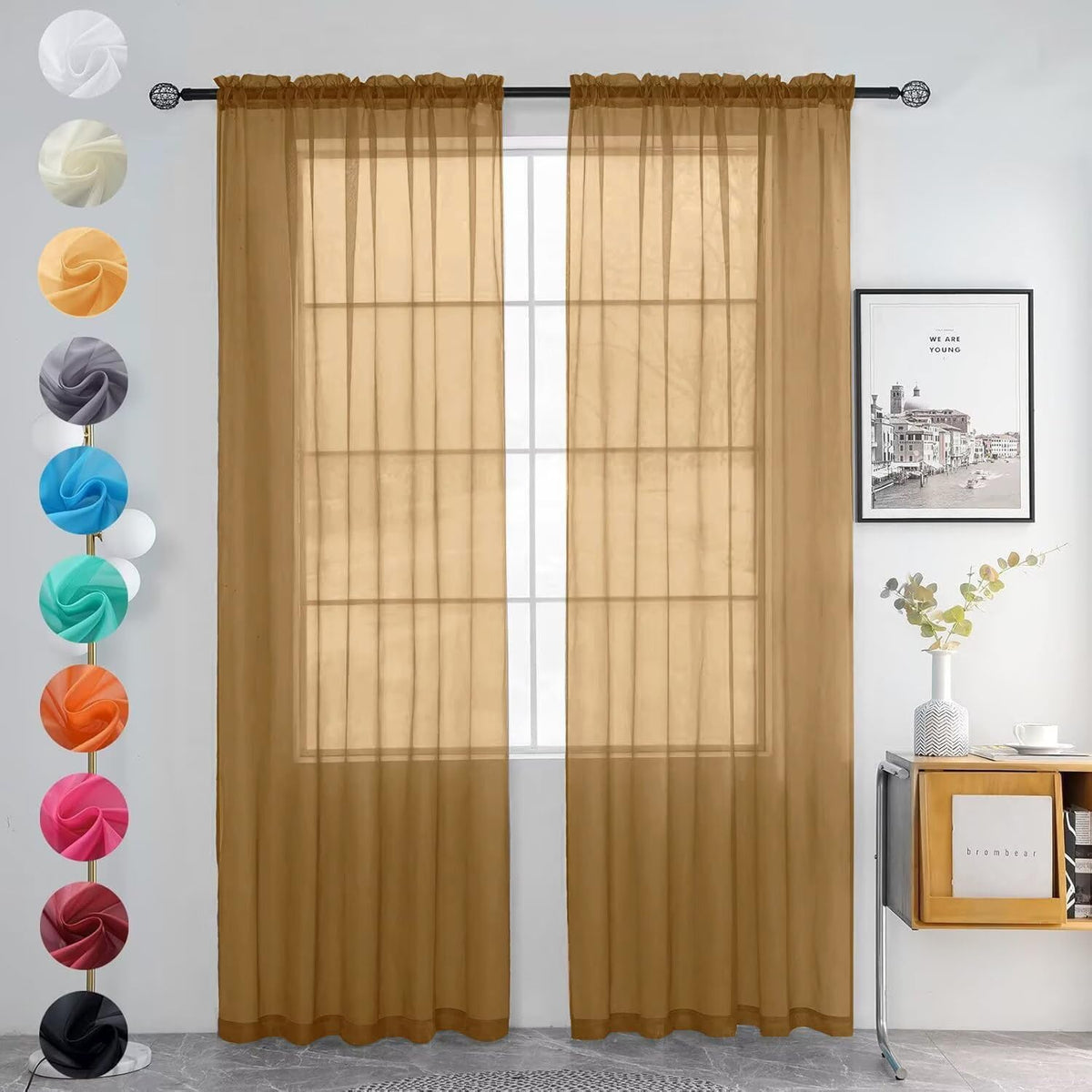 youleyar Solid Sheer Rod Pocket Curtain Voile Draperies 2 Panels White Beige Black Grey Coffee 52 Inch Width 84 Inch Long 1 Pair for Kitchen Bedroom Children Living Room Yard (Orange,52Wｘ84L)