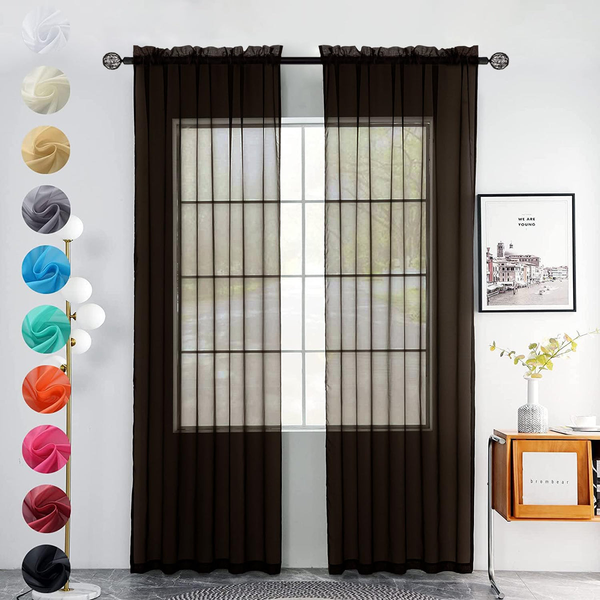 youleyar Solid Sheer Rod Pocket Curtain Voile Draperies 2 Panels White Beige Black Grey Coffee 52 Inch Width 84 Inch Long 1 Pair for Kitchen Bedroom Children Living Room Yard (Orange,52Wｘ84L)