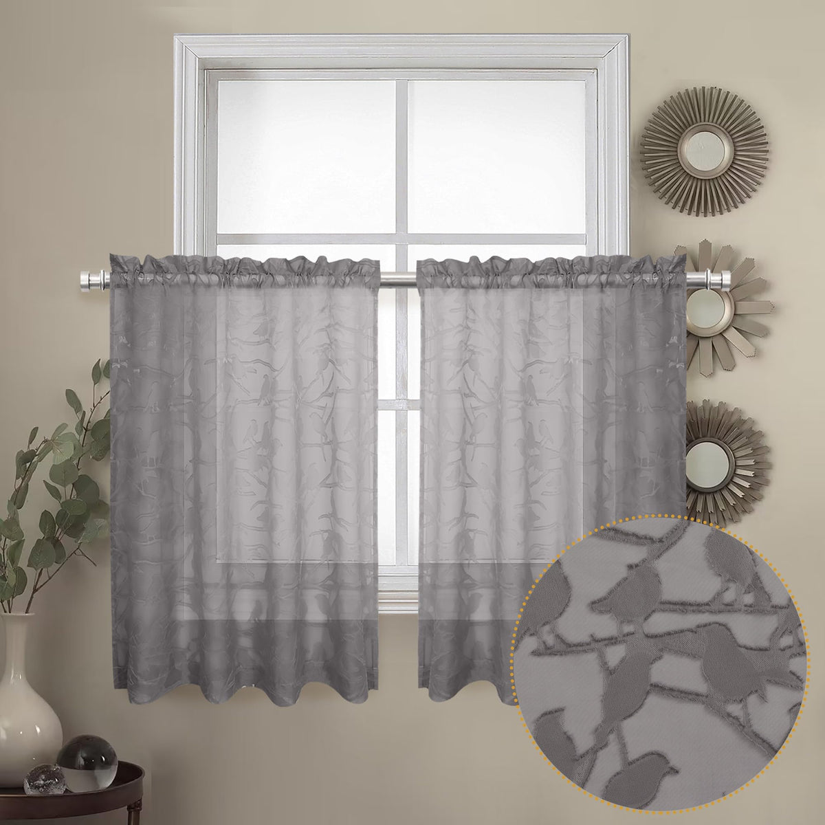 OVZME Sage Green Sheer Curtains 63 Inch Length 2 Panel Set, Light Filtering Bedroom Curtains with Dual Rod Pocket Top, Leaf Bird Clip Jacquard Sheer Farmhouse Window Drapes for Living Room, 2x38Wx63L