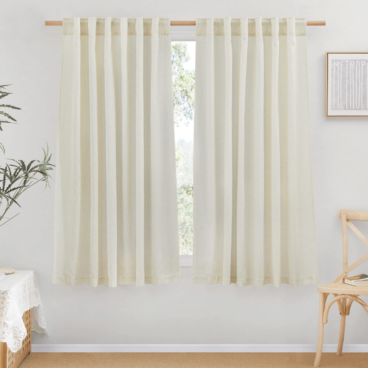 NICETOWN Natural Linen Curtains & Drapes for Windows 84 inch Long, Rod Pocket & Back Tab Thick Flax Semi Sheer Privacy Assured with Light Filtering for Bedroom/Living Room, W55 x L84, 2 Pieces