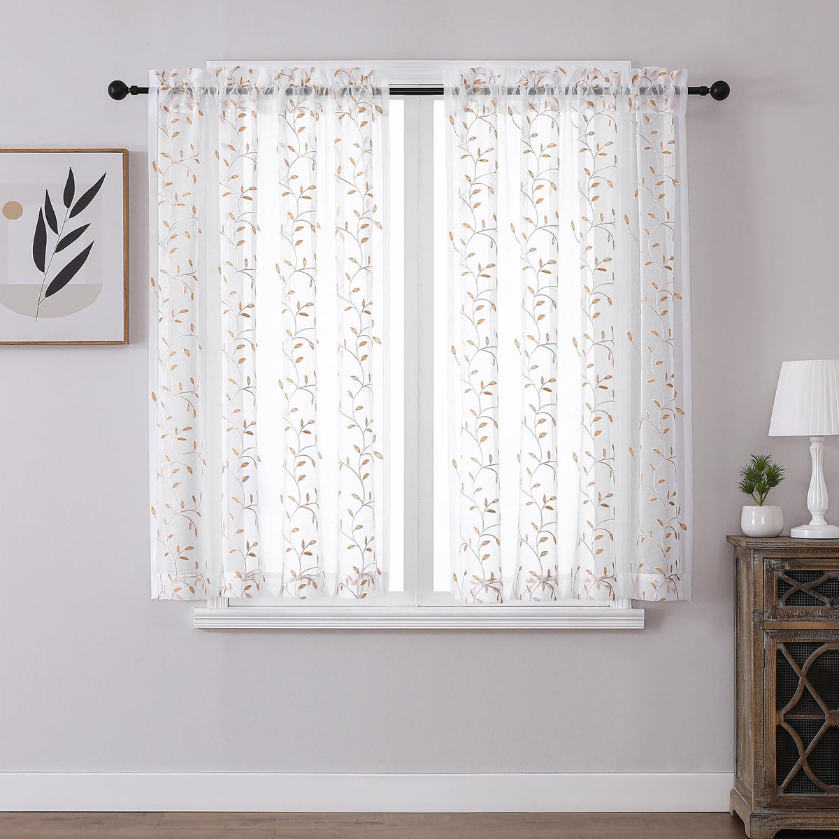 VISIONTEX Sheer Curtains Boho Leaf Floral Embroidered Cream Beige 54Wx84L