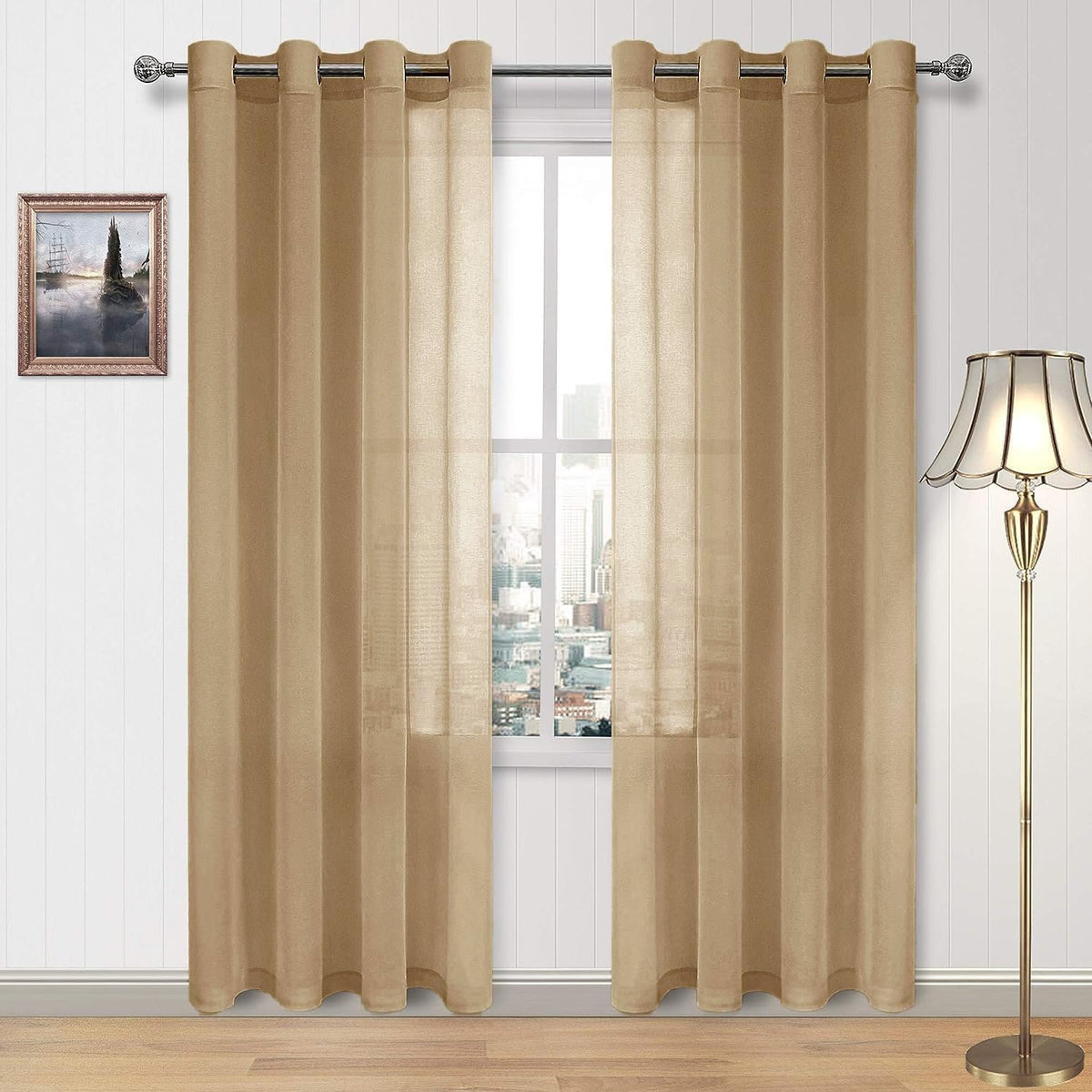 DWCN White Sheer Curtains Linen Look Semi Transparent Voile Grommet White Curtains for Living Dining Room Drapes 52 x 84 Inch Long, Set of 2 Panels