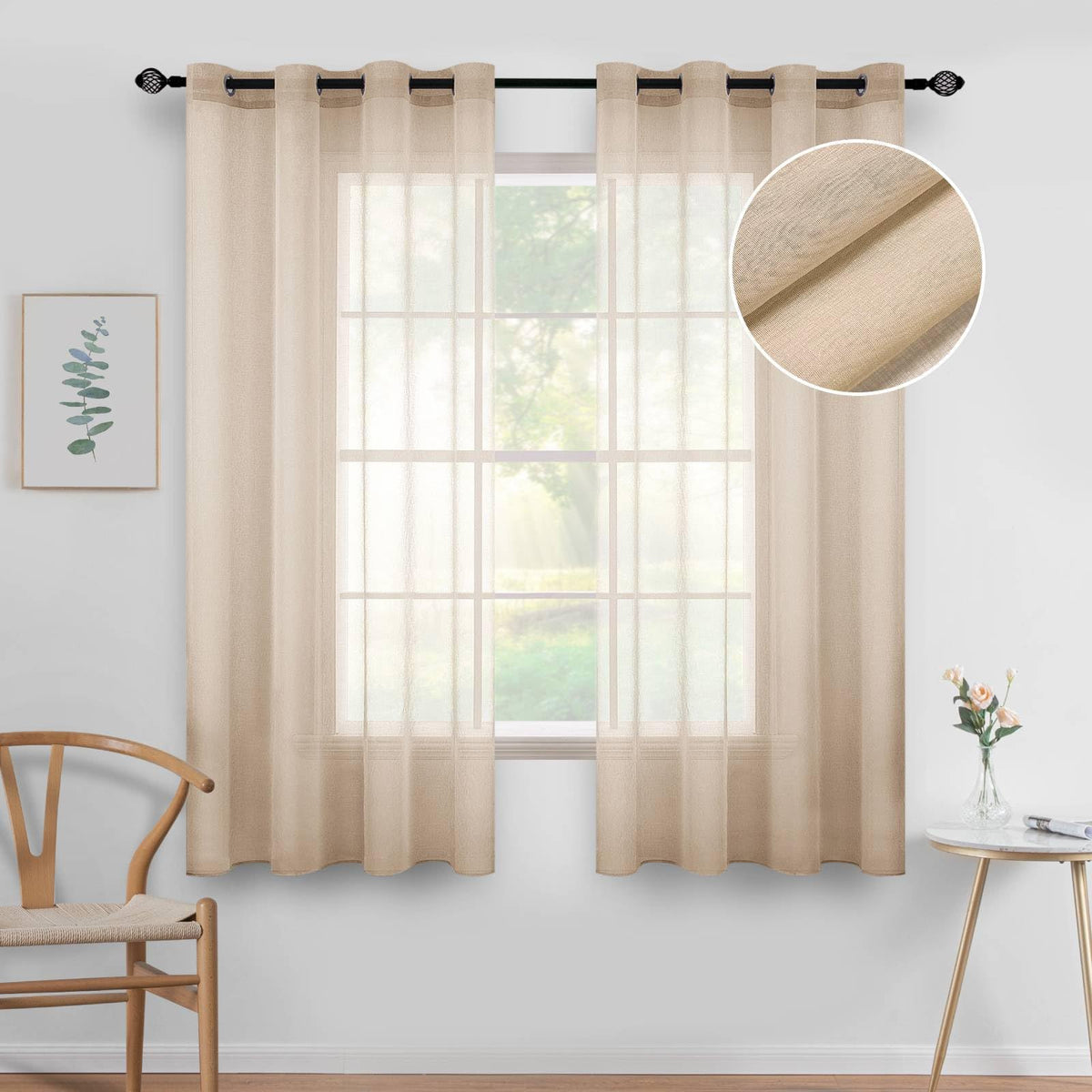 MIULEE Ivory Sheer Curtains Linen Textured Panels 54X84 Inches