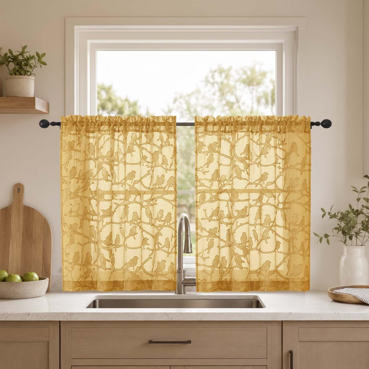 OVZME Sage Green Sheer Curtains 63 Inch Length 2 Panel Set, Light Filtering Bedroom Curtains with Dual Rod Pocket Top, Leaf Bird Clip Jacquard Sheer Farmhouse Window Drapes for Living Room, 2x38Wx63L