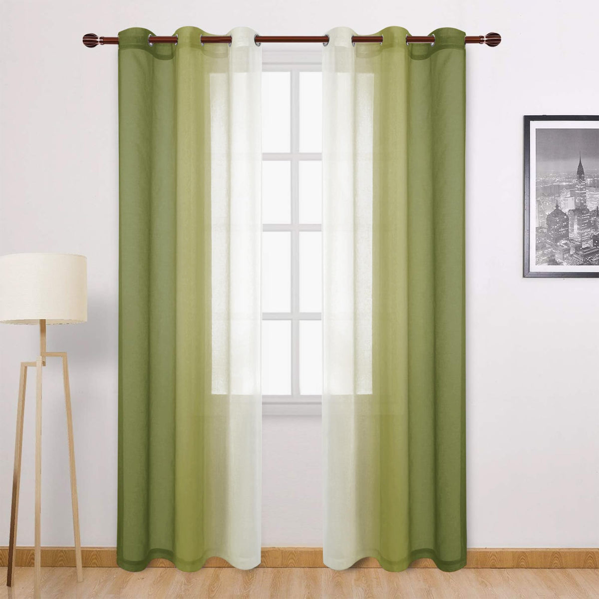 DWCN Blue Linen Ombre Sheer Curtains - Semi Voile Gradient Grommet Top Curtains for Bedroom and Living Room, Set of 2 Window Curtain Panels, 52 x 84 Inches Long, Denim Blue