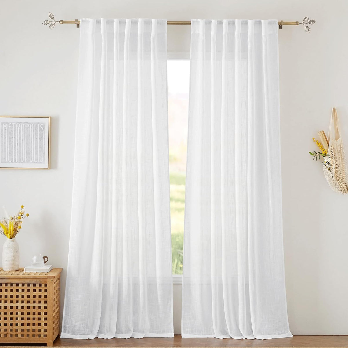 RYB HOME White Sheer Curtains for Living Room Patio Glass Door, W52 x L95