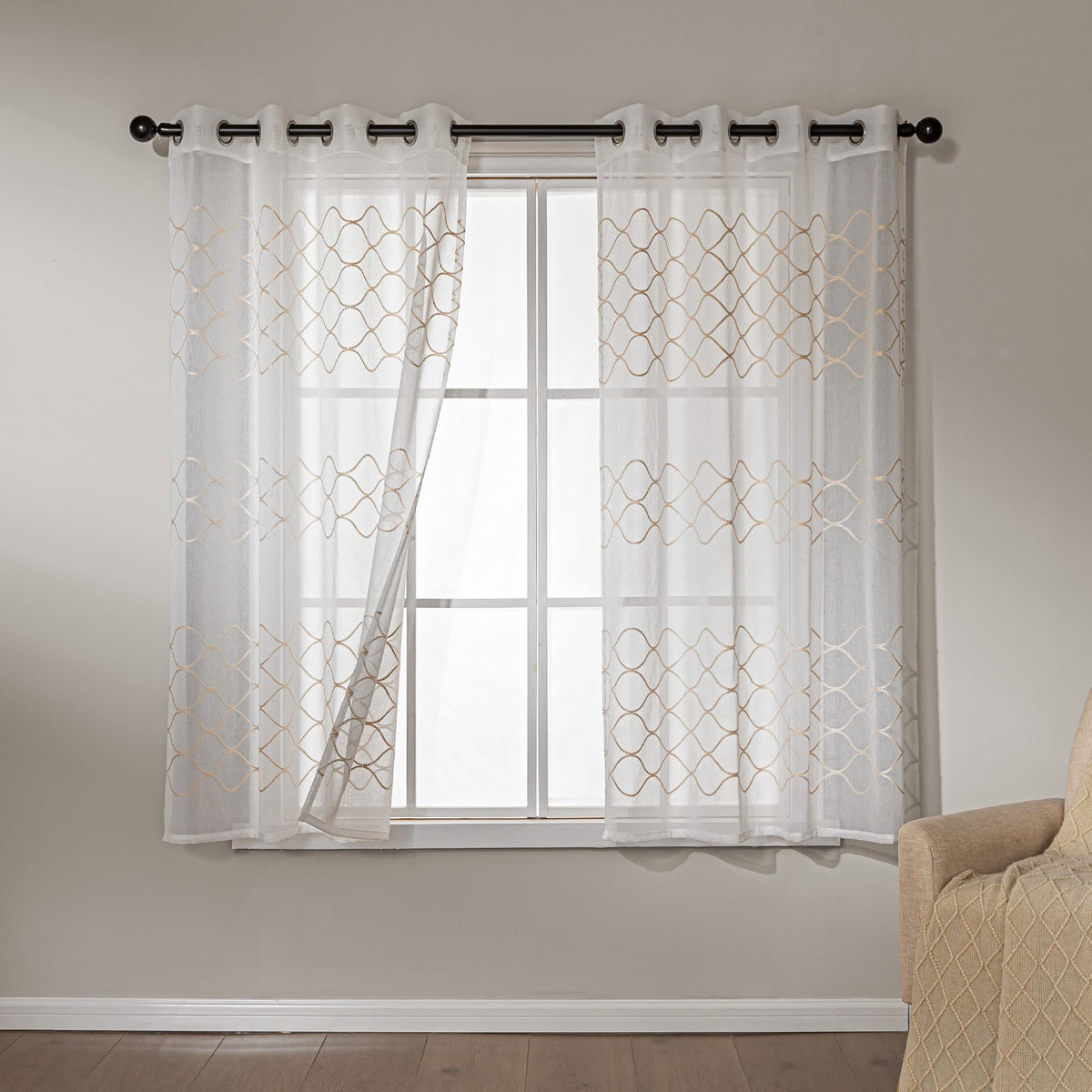 Amazon Basics Lace Sheer Curtains for Living Room and Bedroom, 2-Panel Set with Grommet, 42" W × 63" L, White Cloverleaf
