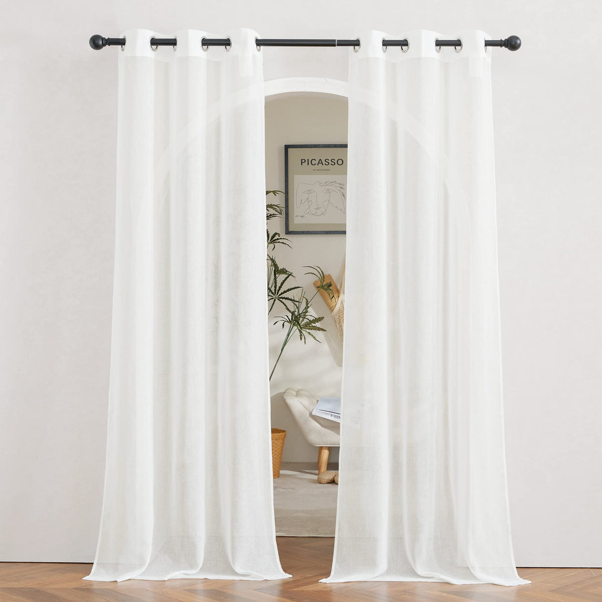 NICETOWN White Sheer Linen Curtains 84 Inch Length 2 Panels Set, W52xL84