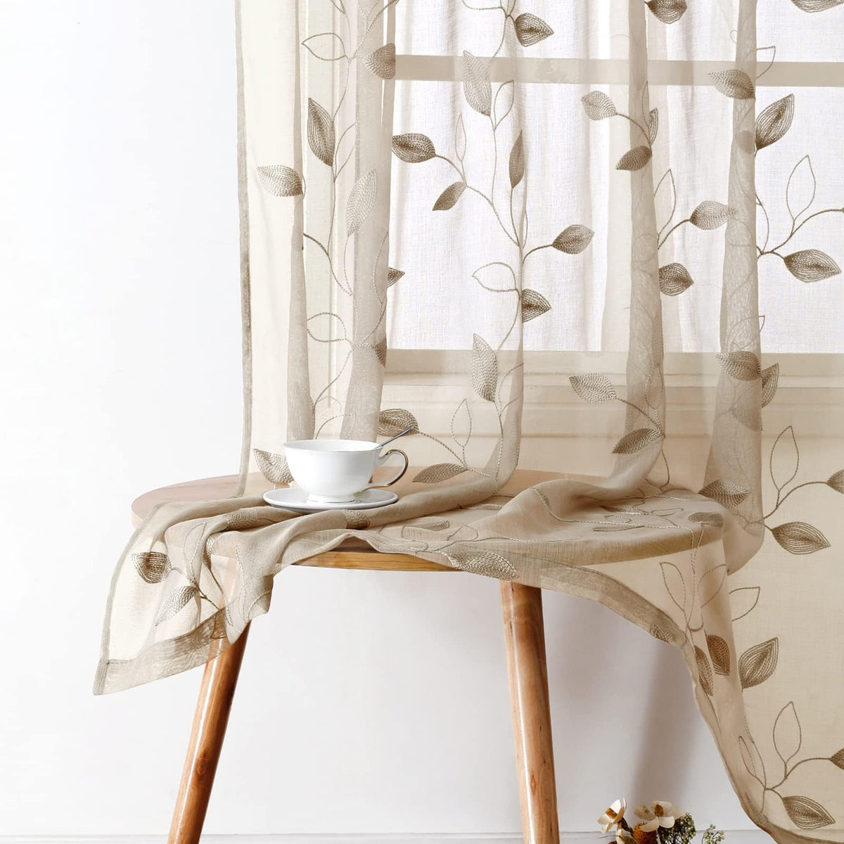 HOMEIDEAS Sage Green Sheer Curtains Leaf Embroidered, 52x84 Inch, 2 Panels