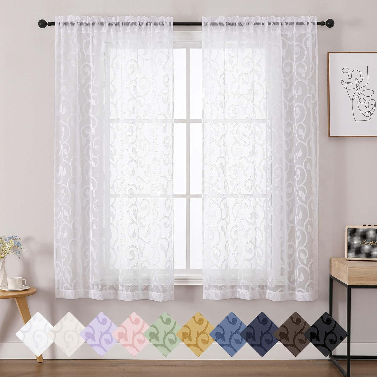 Dusty Blue Sheer Curtains for Bedroom Living Room 72 Inches Long 2 Panels Set, Soft Airy Geometric Jacquard Clip Curtains Drapes, Modern Rod Pocket Door Curtain, 2Pcs Each 42" Wx72 L Inch