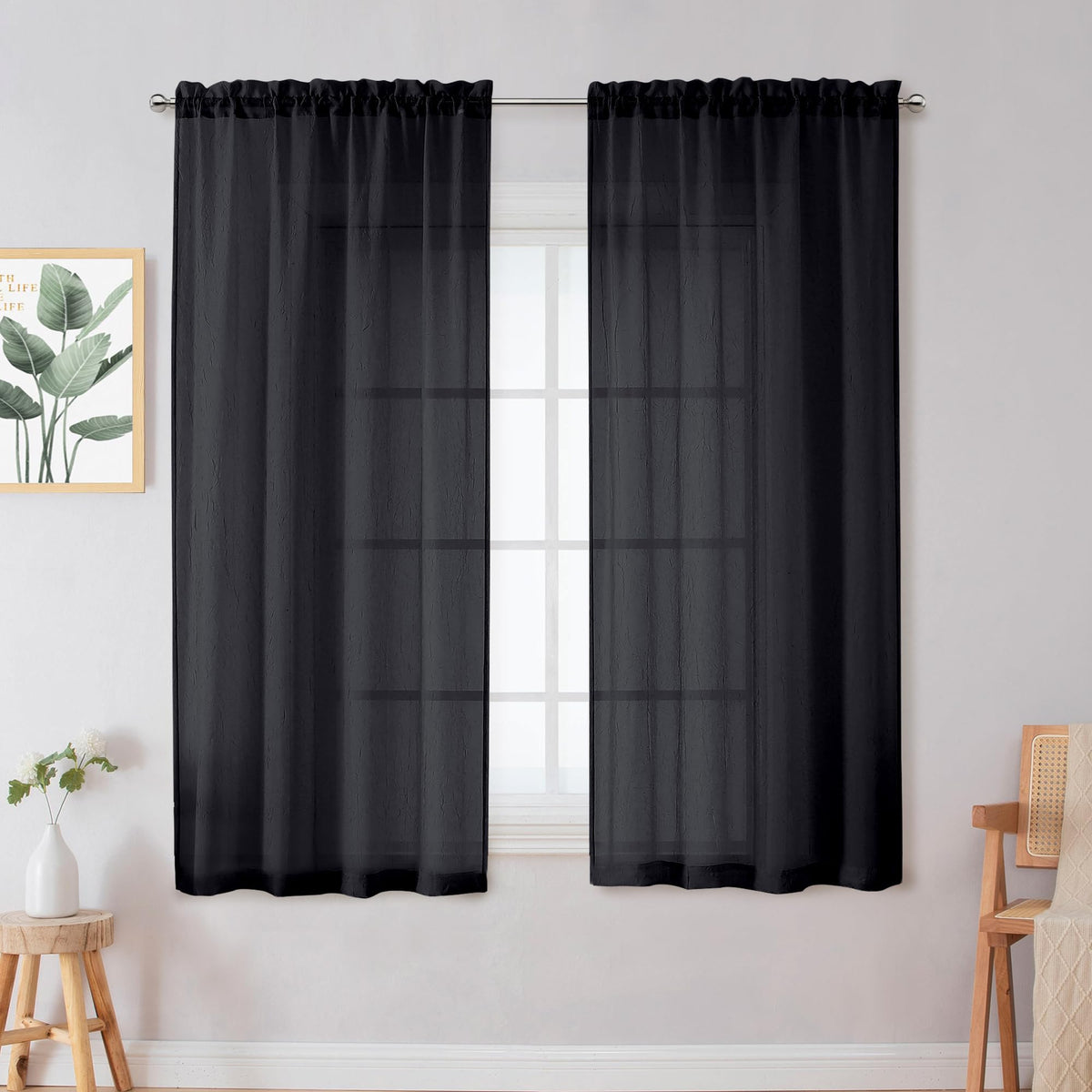 Chyhomenyc Crushed Sheer Navy Blue Curtains 84 Inch Length 2 Panels, Light Filtering Solid Crinkle Voile Lightweight Rod Pocket Sheer Curtian for Bedroom Living Room, Each 42Wx84L Inches
