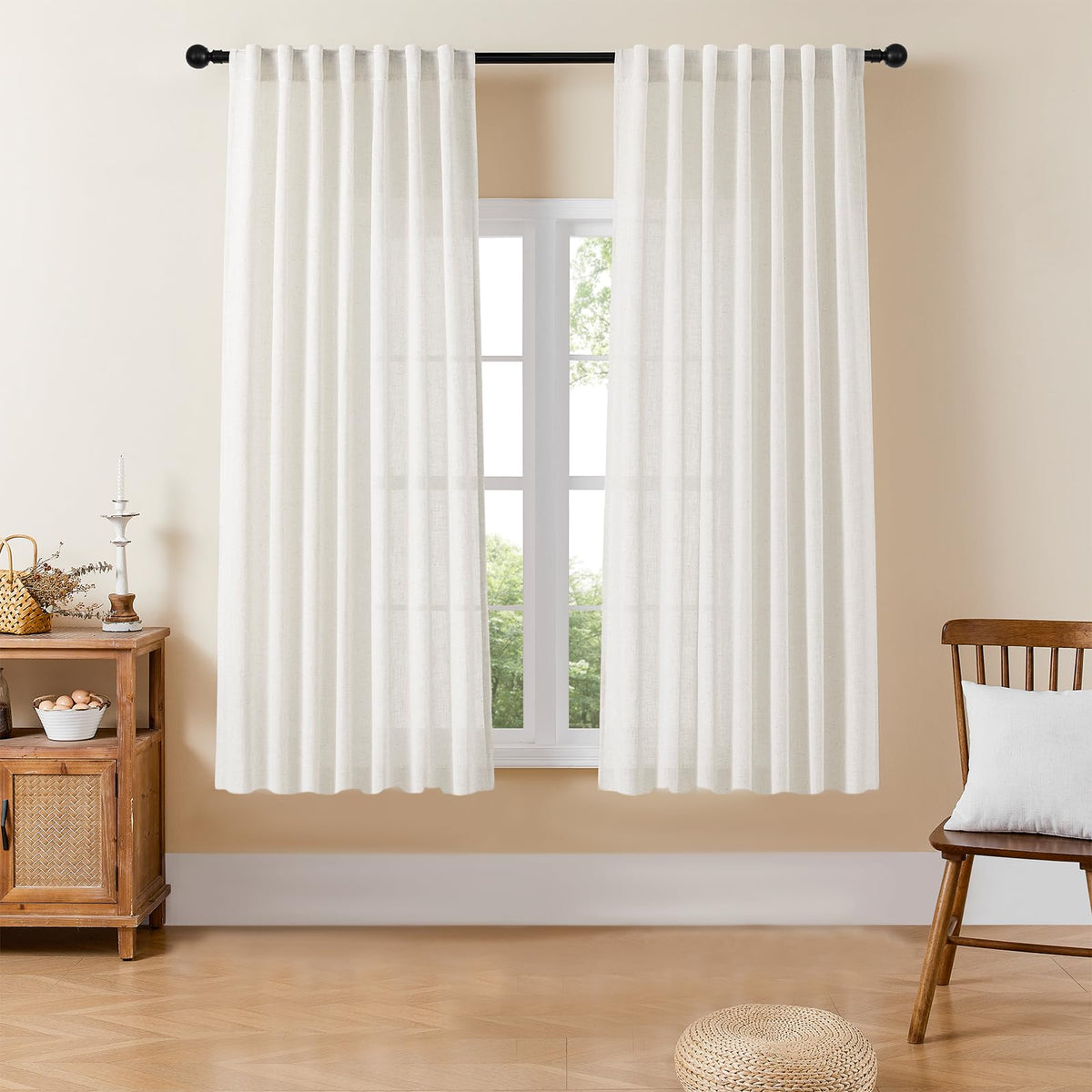 Joydeco Linen Curtains for Living Room,Light Filtering Rod Pocket Back Tab Semi Sheer Drapes Window Long Curtains 90 inches Long Ivory