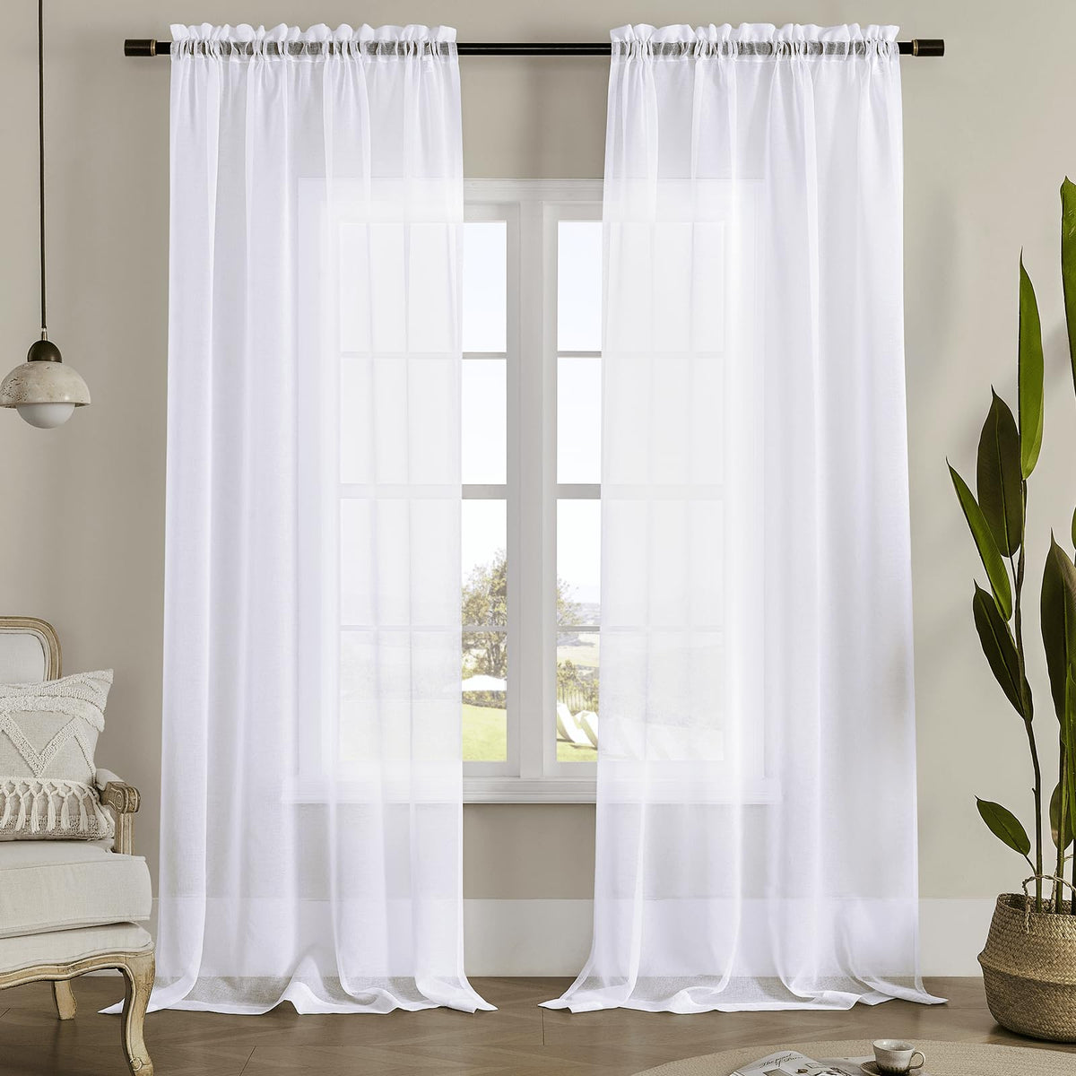 MYSTIC-HOME Sheer Curtains White 63 Inch Length, Rod Pocket Voile Drapes for Living Room, Bedroom, Window Treatments Semi Crinkle Curtain Panels for Yard, Patio, Villa, Parlor, Set of 2, 52"x 63"