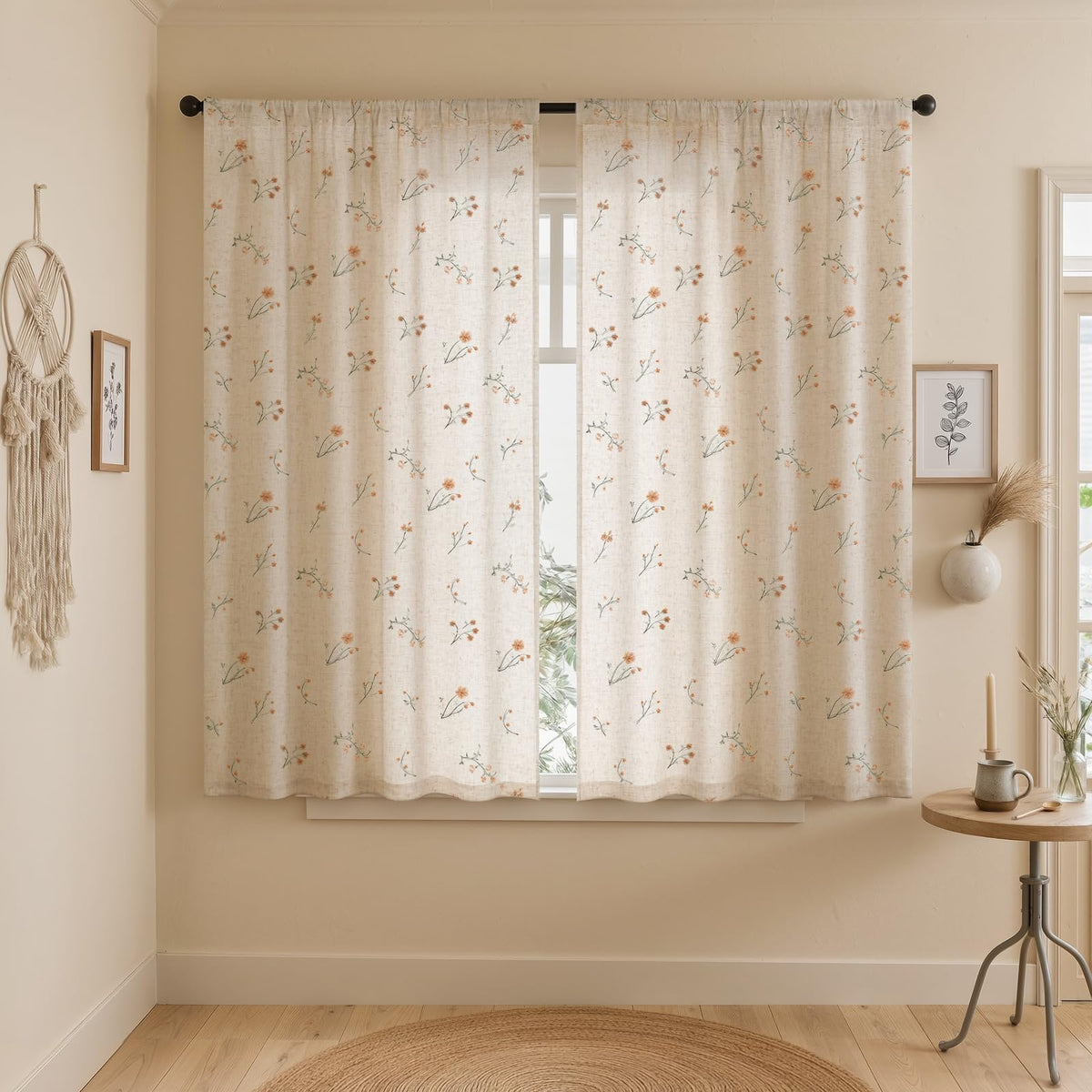 Boho Floral Light Filtering Curtains 84 Inch 2 Panels Linen Texture