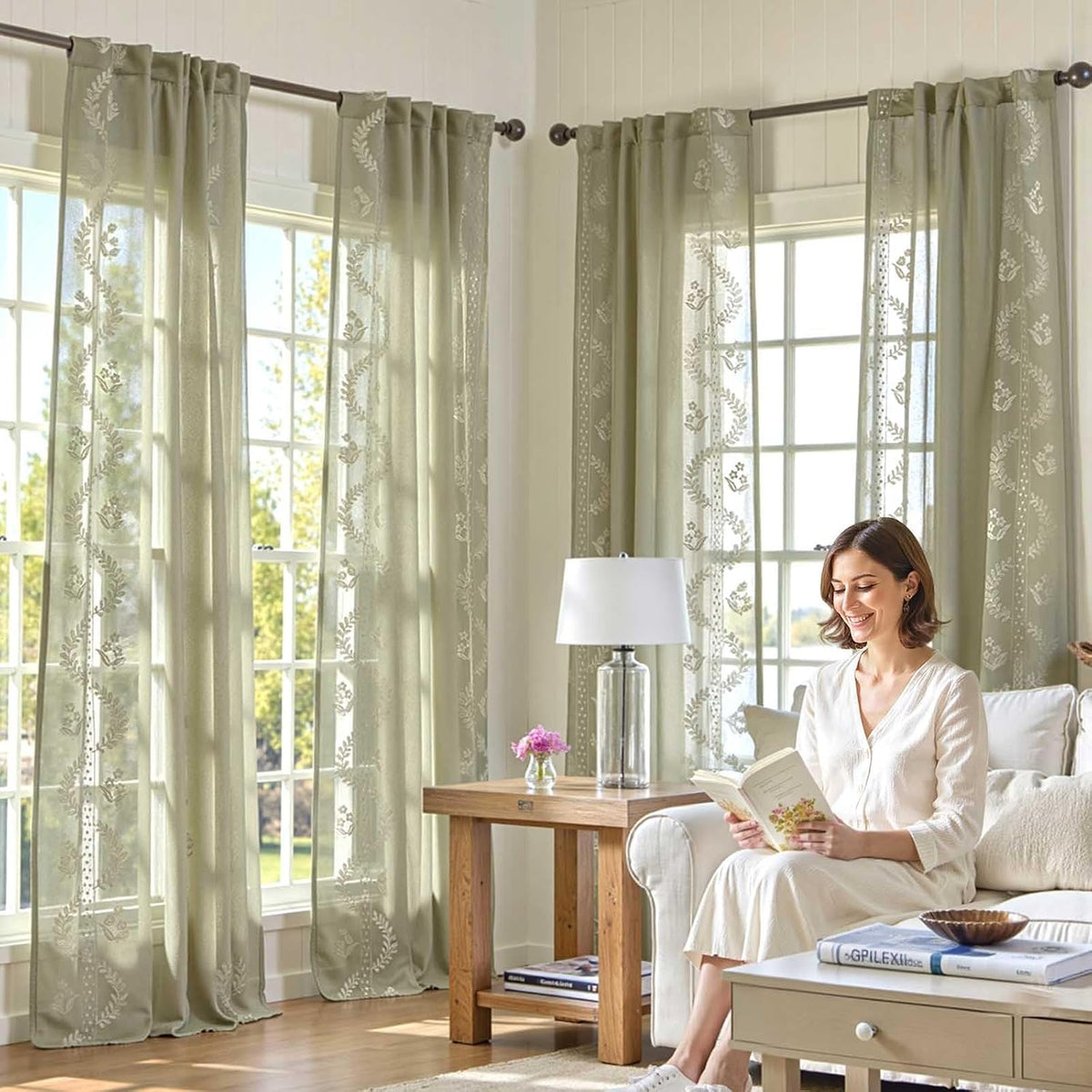 jinchan Floral Sheer Curtains, Back Tab 50x84 Inch, 2 Panels Green