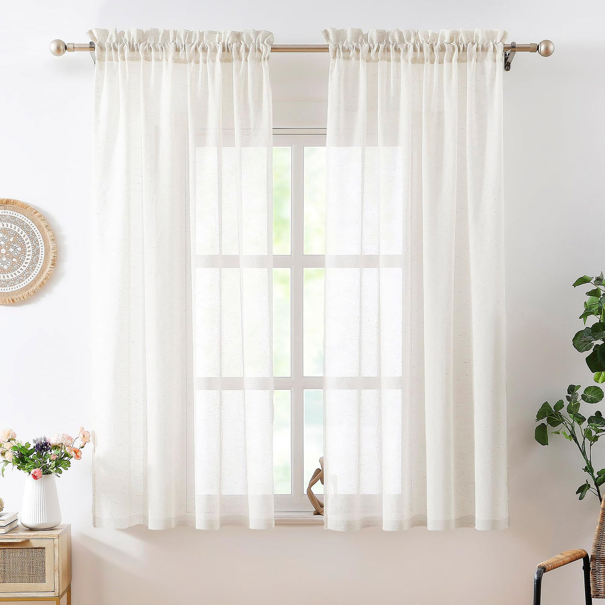 Flax Sheer Linen Curtains for Living Room 52"x84" 2pk Beige Natural White