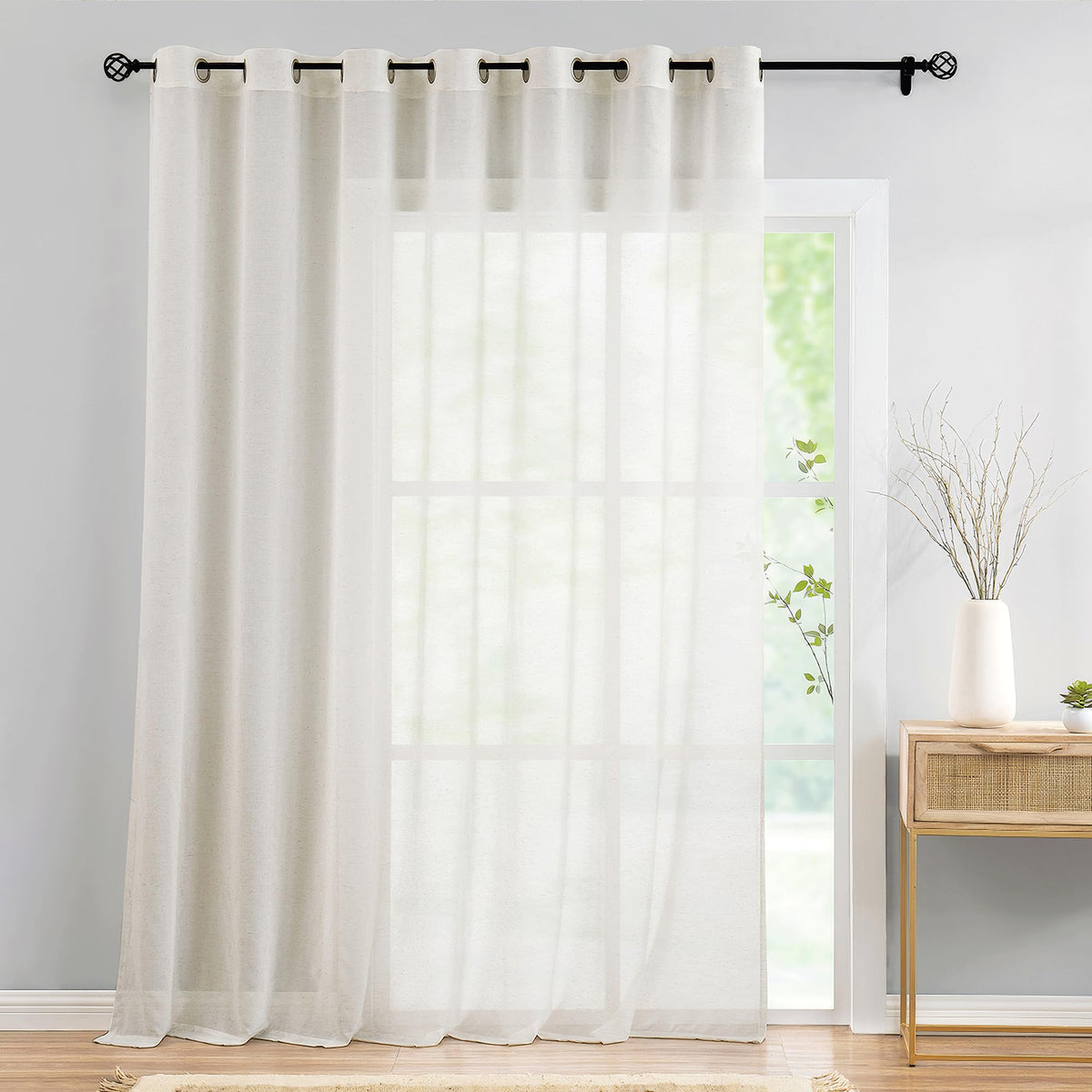 FMFUNCTEX Beige Linen Pinch Pleated Sheer Curtains, 96 Inches, 2 Panels