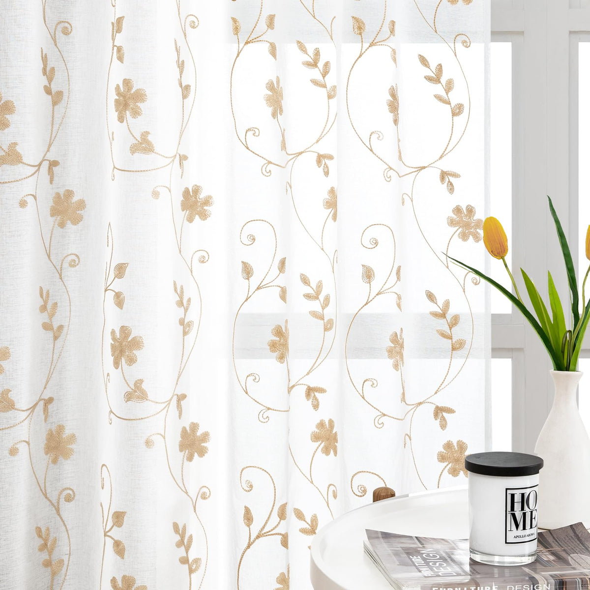 HOMEIDEAS Sage Green Sheer Curtains Leaf Embroidered, 52x84 Inch, 2 Panels